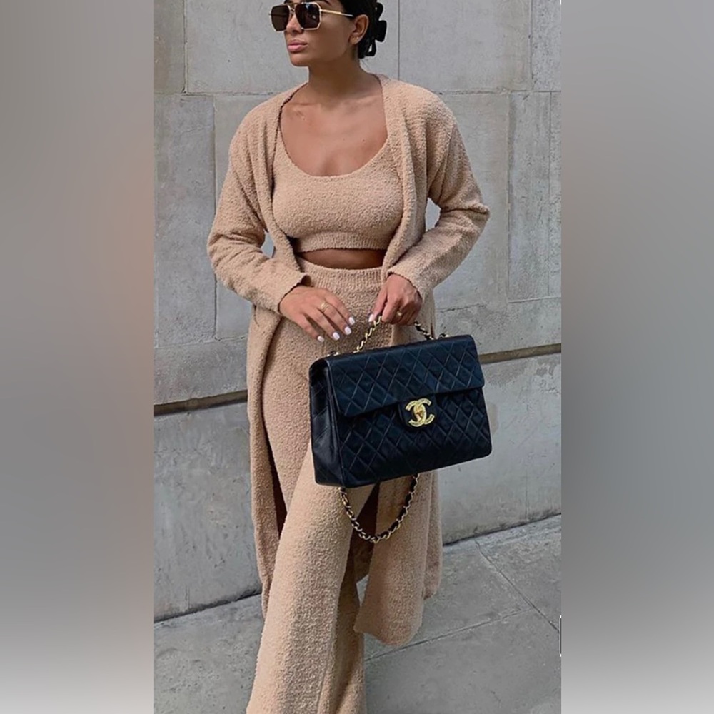 Taupe Chenille Longline Belted Pocket Detail Cardigan